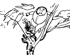A sad cartoon man sits in a tree while birds condole him.